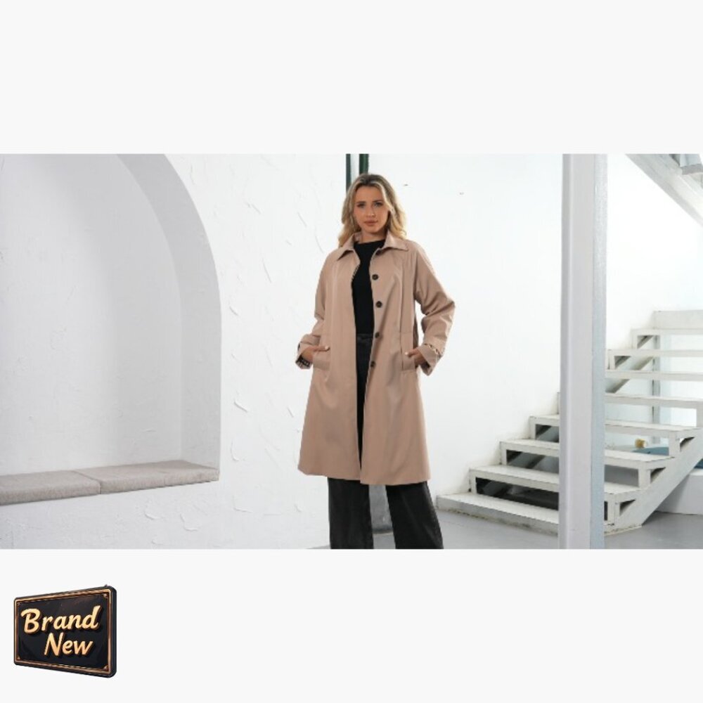 Oversized Long Trench Coat Single Breasted Windproof Plaid Lined Outerwear - Picture 7 of 7